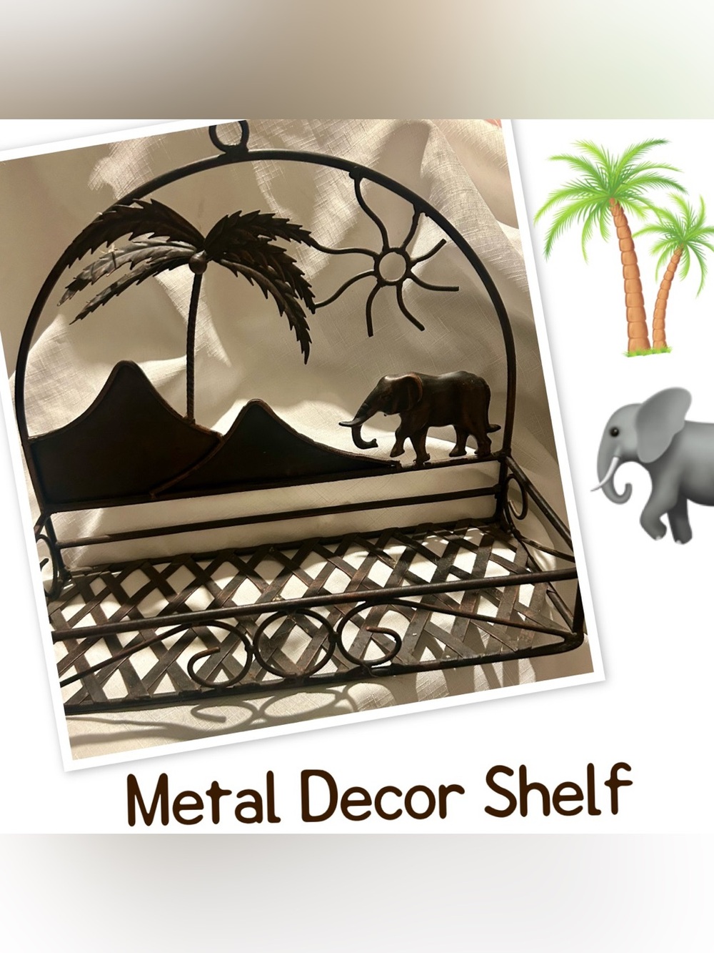 Rustic Metal Wall Shelf with Palm Tree & Elephant Accent - Brown